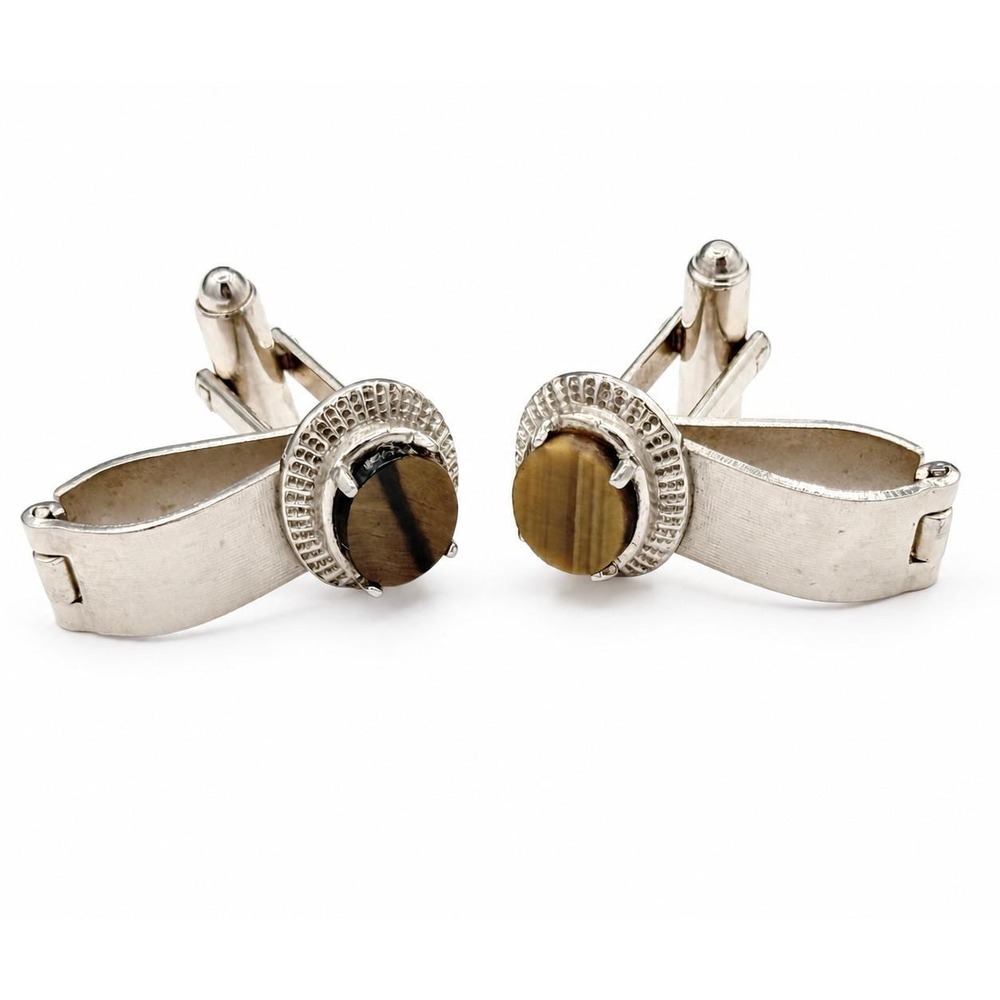 Dante Vintage 1970'S Wrap Around Tiger Eye Silver Mesh Cufflinks Mid Century